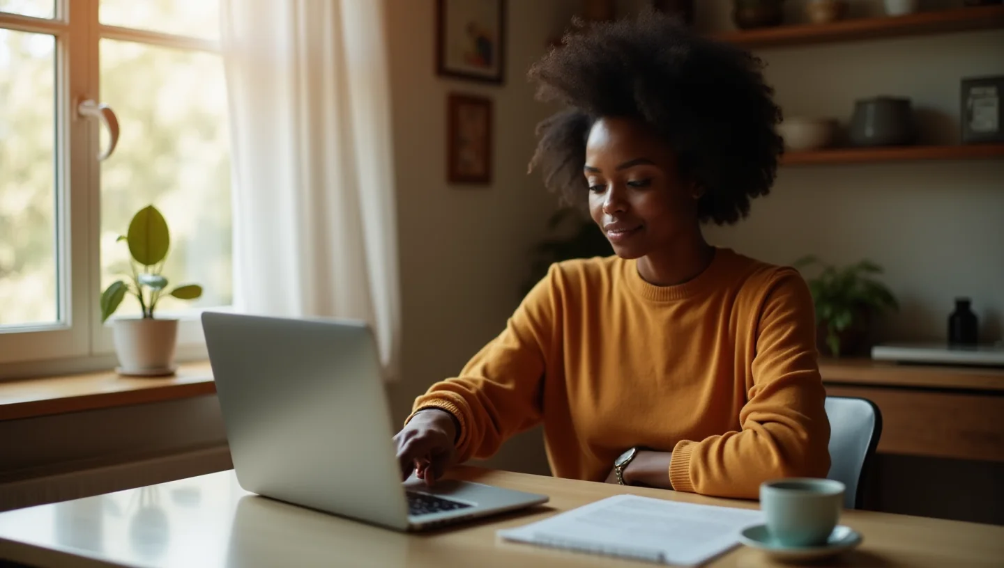 A woman at a sunlit kitchen table closing her laptop, a printed page and a cup of coffee beside her