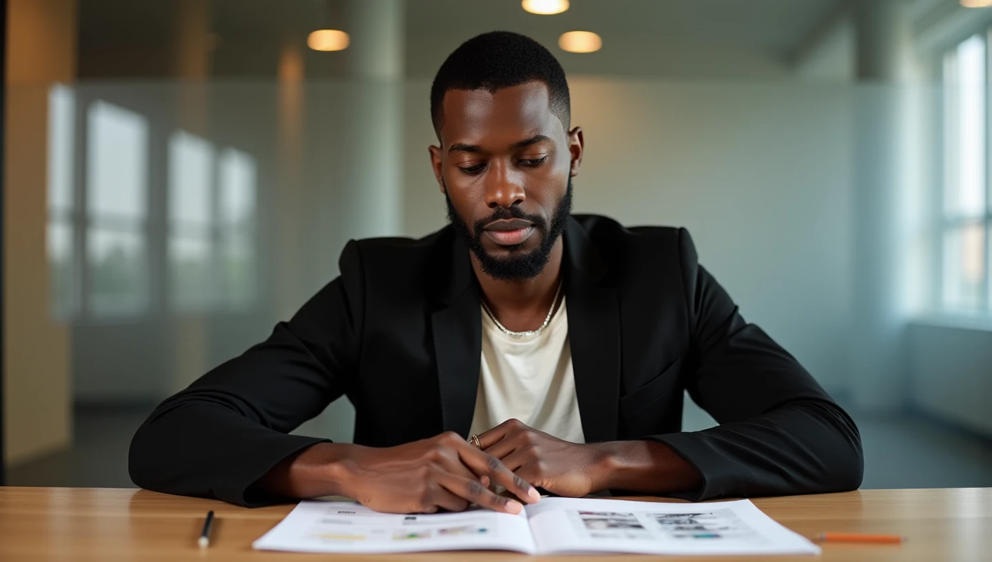 An AI-generated man in a black blazer studies printed design layouts at an oak desk in a daylit office