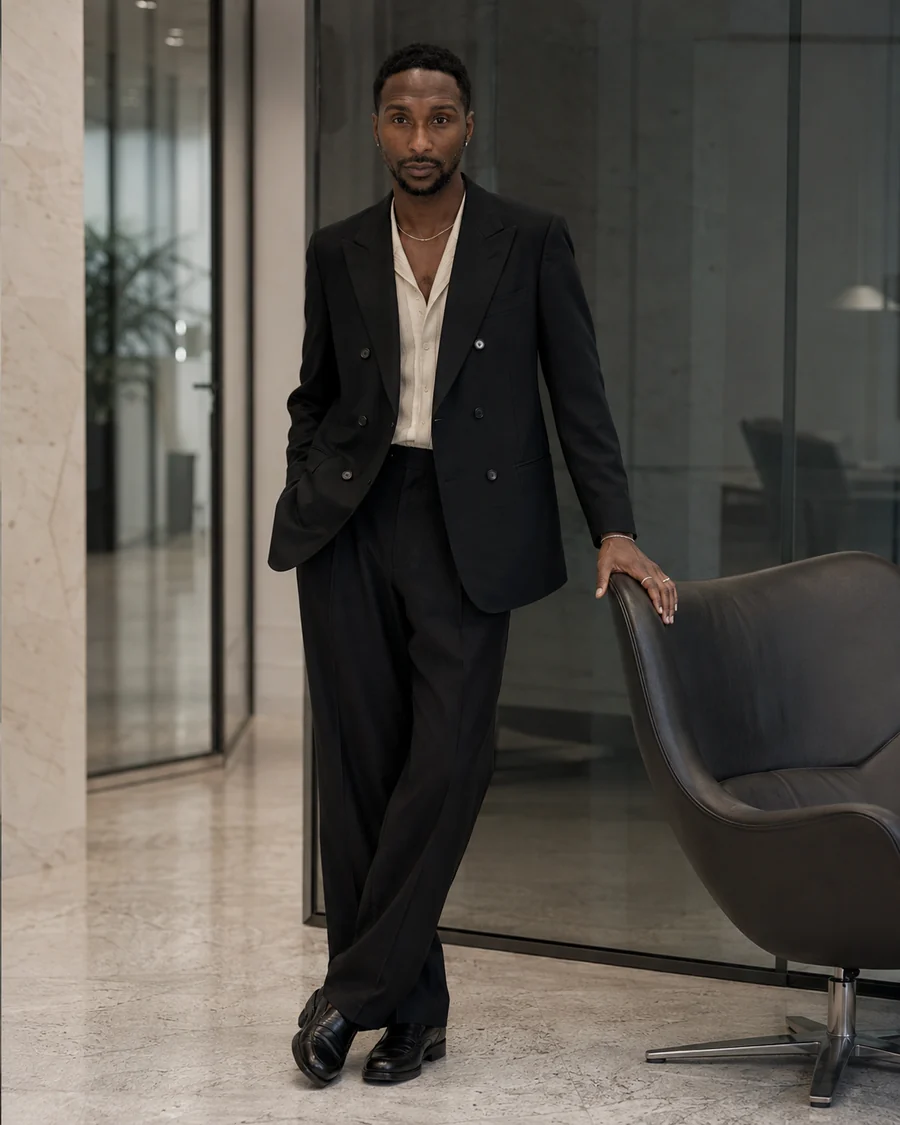 Kevin Baker standing in a black double-breasted suit beside a leather chair in a glass-walled office
