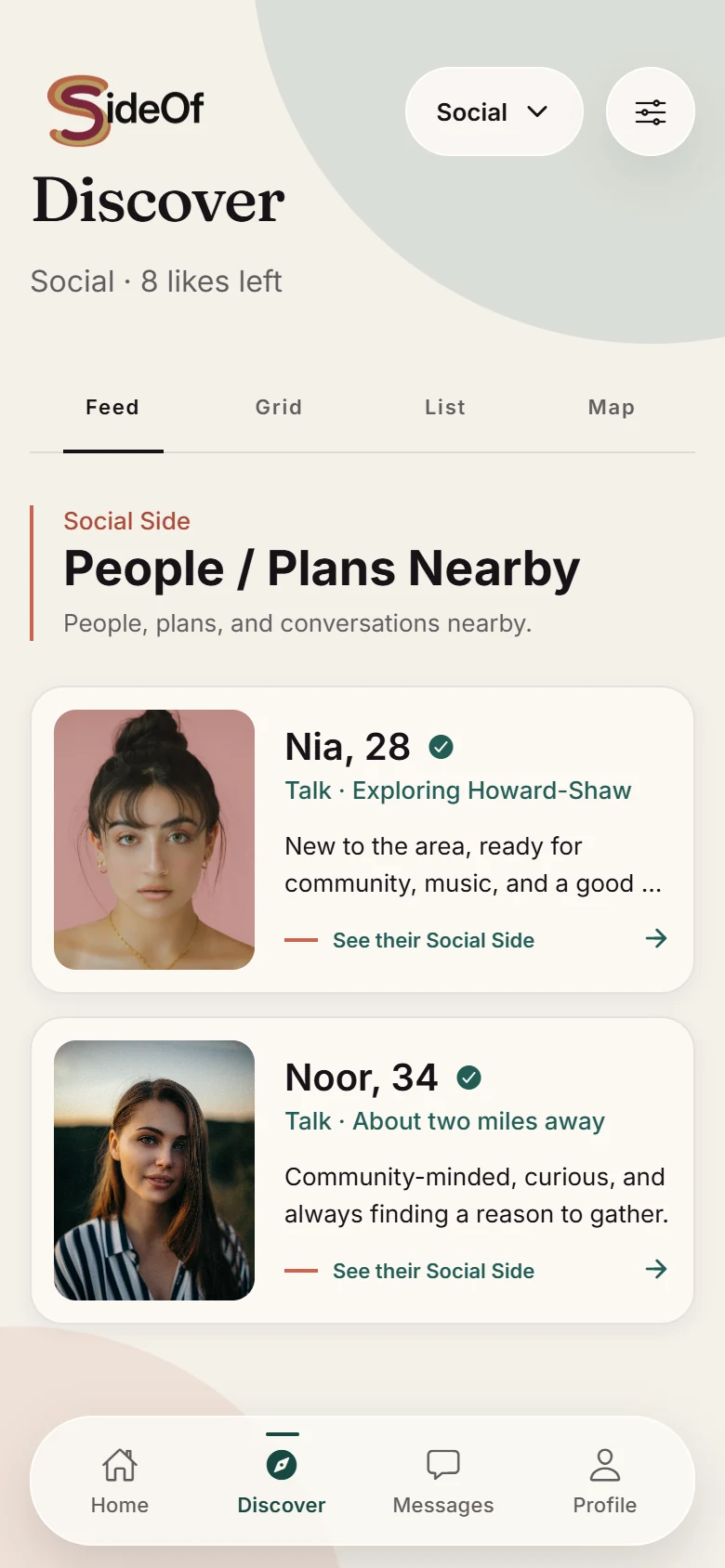The SideOf Social Discover screen showing nearby people on the Social Side