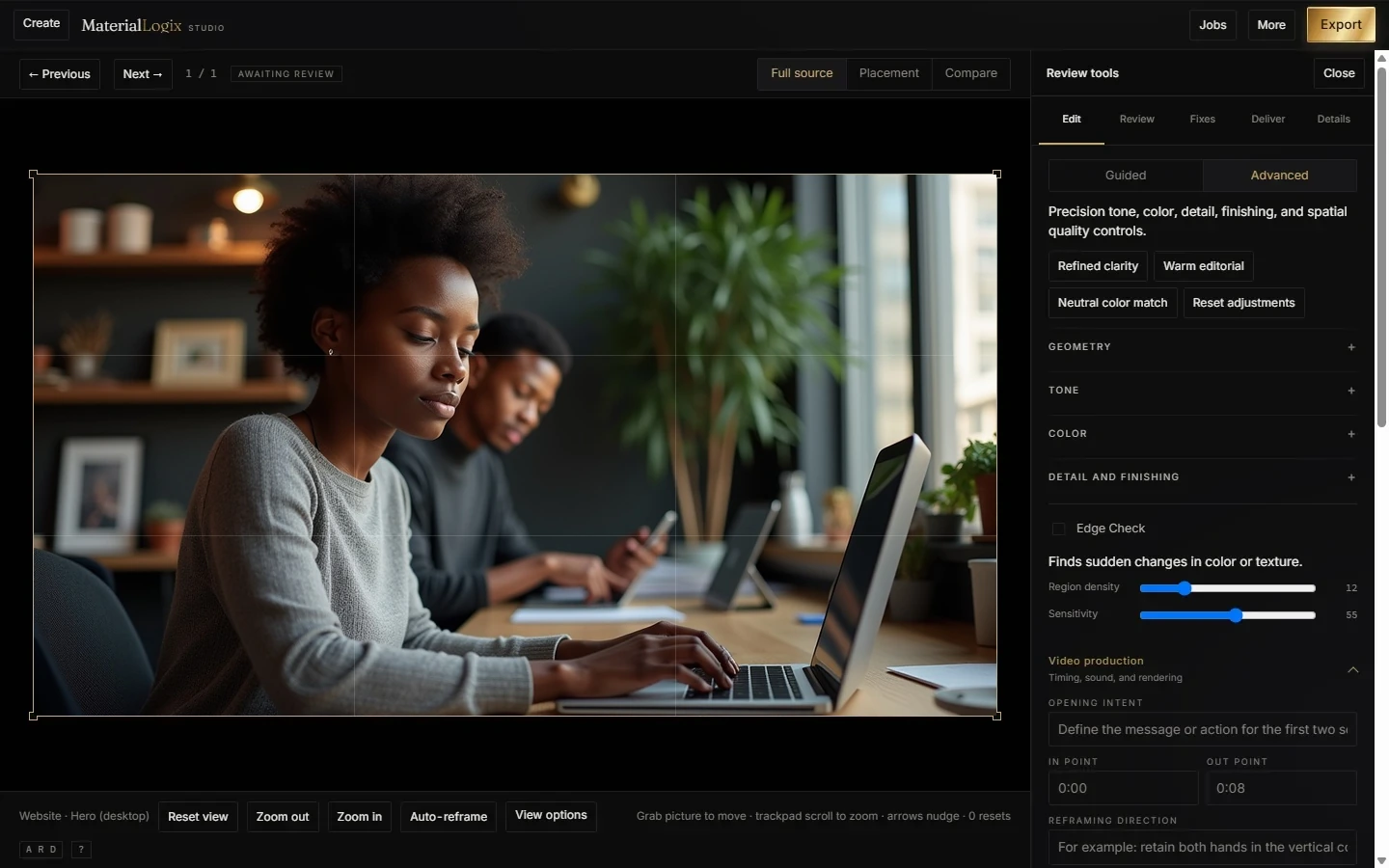 The MaterialLogix Studio Photo workspace with the review tools panel open beside an image on the canvas